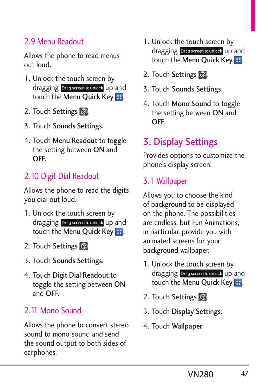 Display settings, 9 menu readout, 10 digit dial readout | 11 mono sound, 1 wallpaper | LG VN280 User Manual | Page 49 / 126