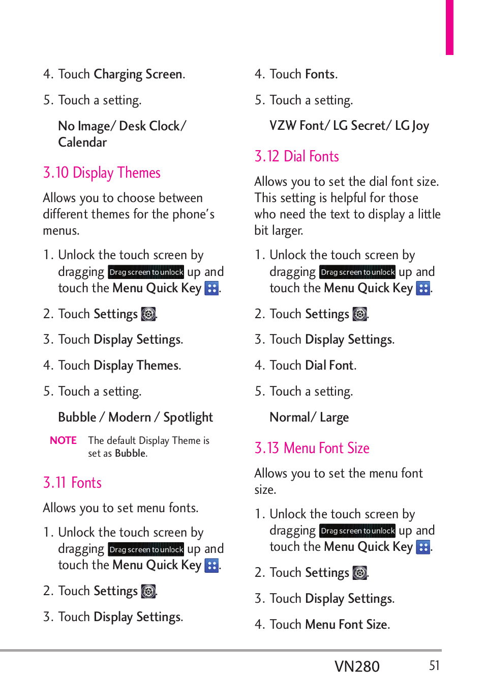 10 display themes, 11 fonts, 12 dial fonts | 13 menu font size | LG VN280 User Manual | Page 53 / 126