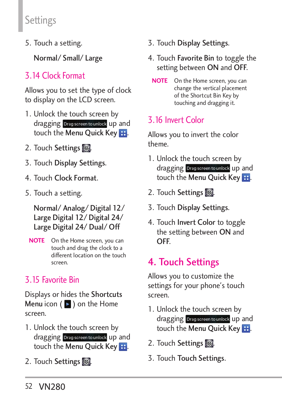 Settings, Touch settings, 14 clock format | 15 favorite bin, 16 invert color | LG VN280 User Manual | Page 54 / 126