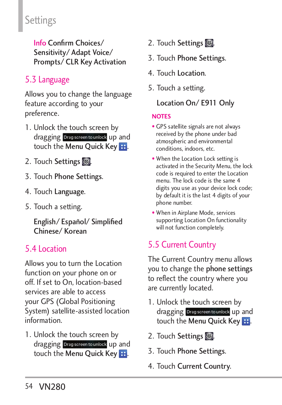 Settings, 3 language, 4 location | 5 current country | LG VN280 User Manual | Page 56 / 126