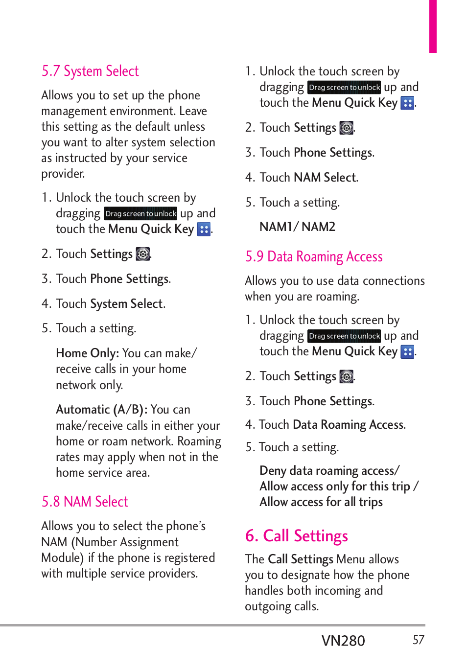 Call settings, 7 system select, 8 nam select | 9 data roaming access | LG VN280 User Manual | Page 59 / 126