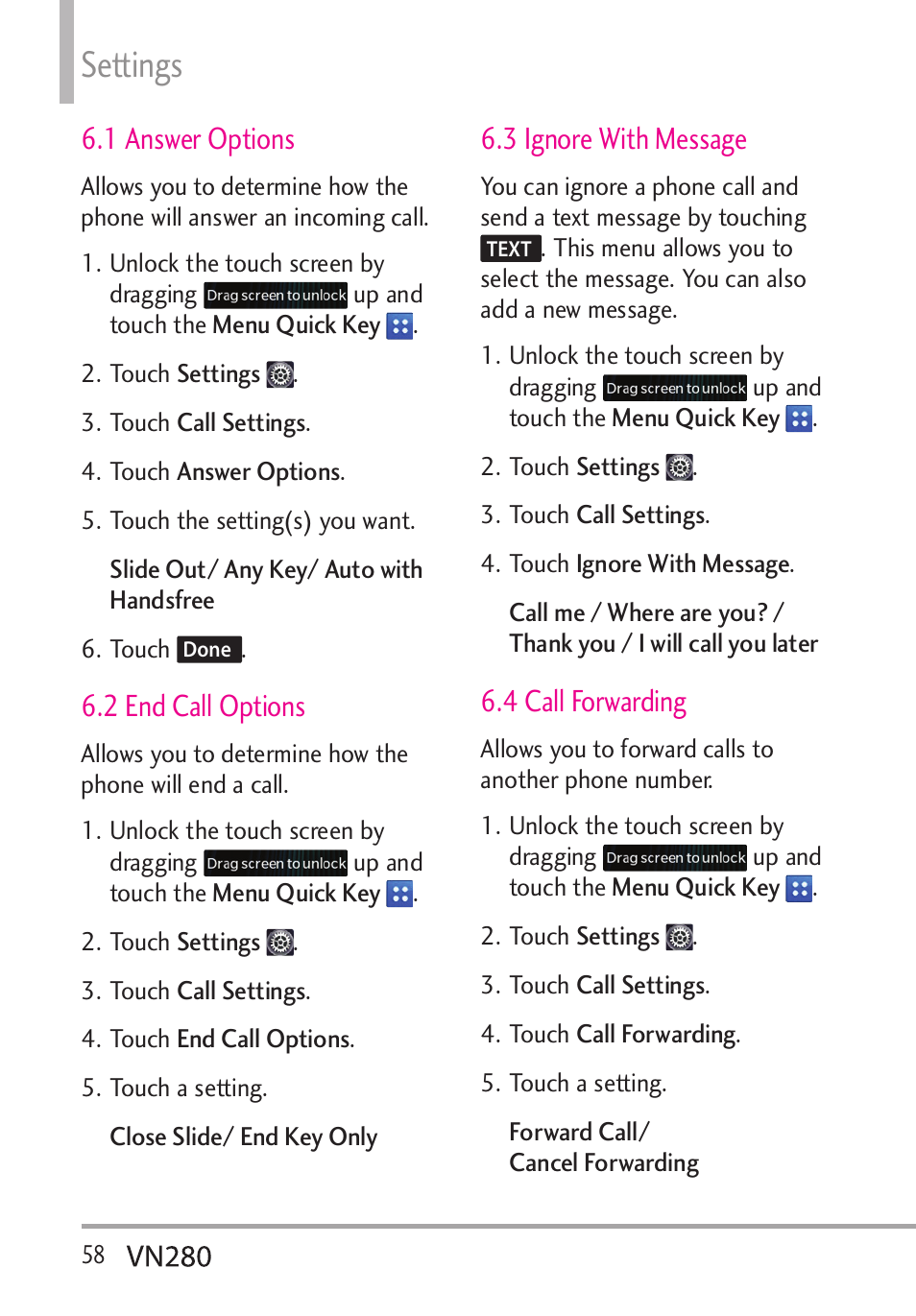 Settings, 1 answer options, 2 end call options | 3 ignore with message, 4 call forwarding | LG VN280 User Manual | Page 60 / 126