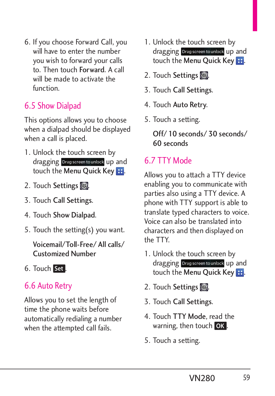 5 show dialpad, 6 auto retry, 7 tty mode | LG VN280 User Manual | Page 61 / 126