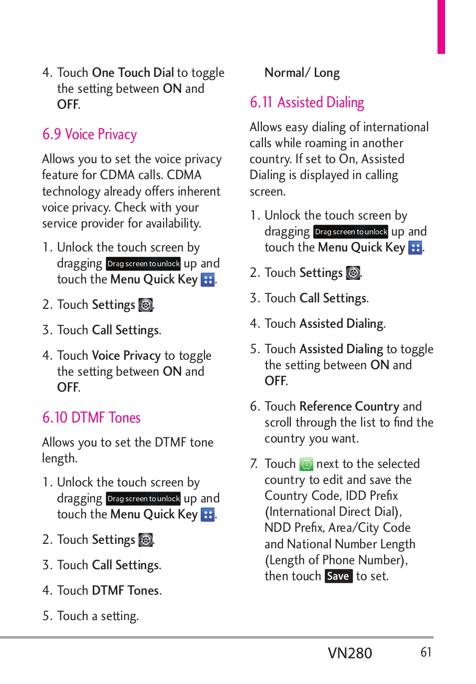 9 voice privacy, 10 dtmf tones, 11 assisted dialing | LG VN280 User Manual | Page 63 / 126