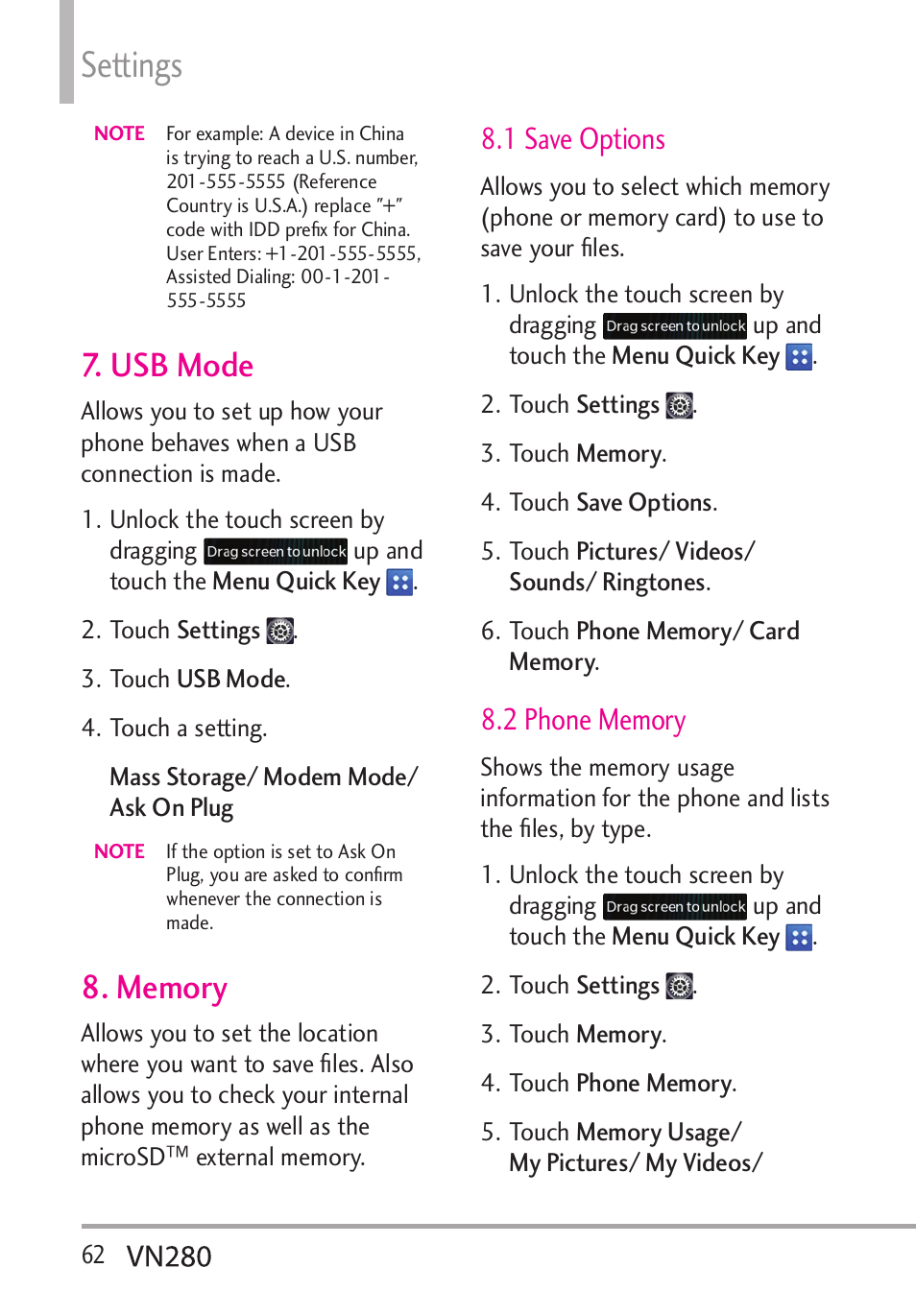 Settings, Usb mode, 1 save options | LG VN280 User Manual | Page 64 / 126