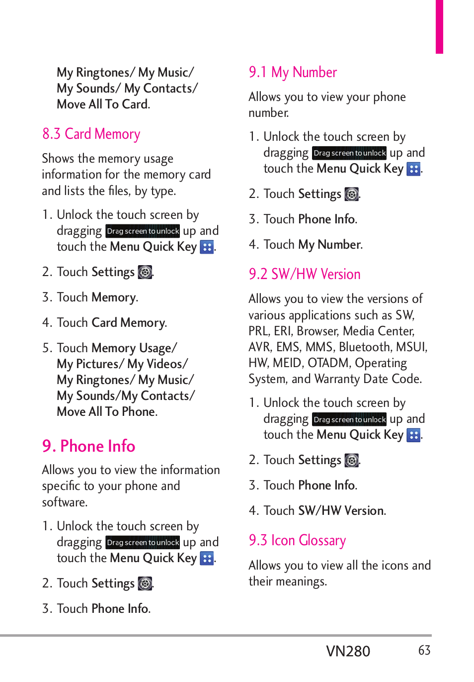 Phone info, 1 my number, 2 sw/hw version | 3 icon glossary | LG VN280 User Manual | Page 65 / 126