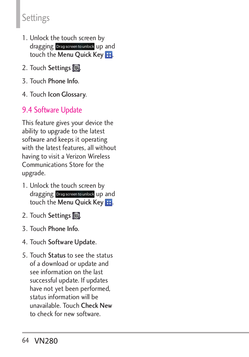 Settings, 4 software update | LG VN280 User Manual | Page 66 / 126