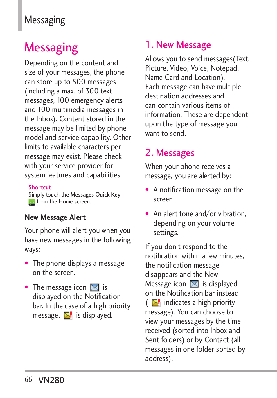 Messaging, Guucikpi, New message | Messages | LG VN280 User Manual | Page 68 / 126