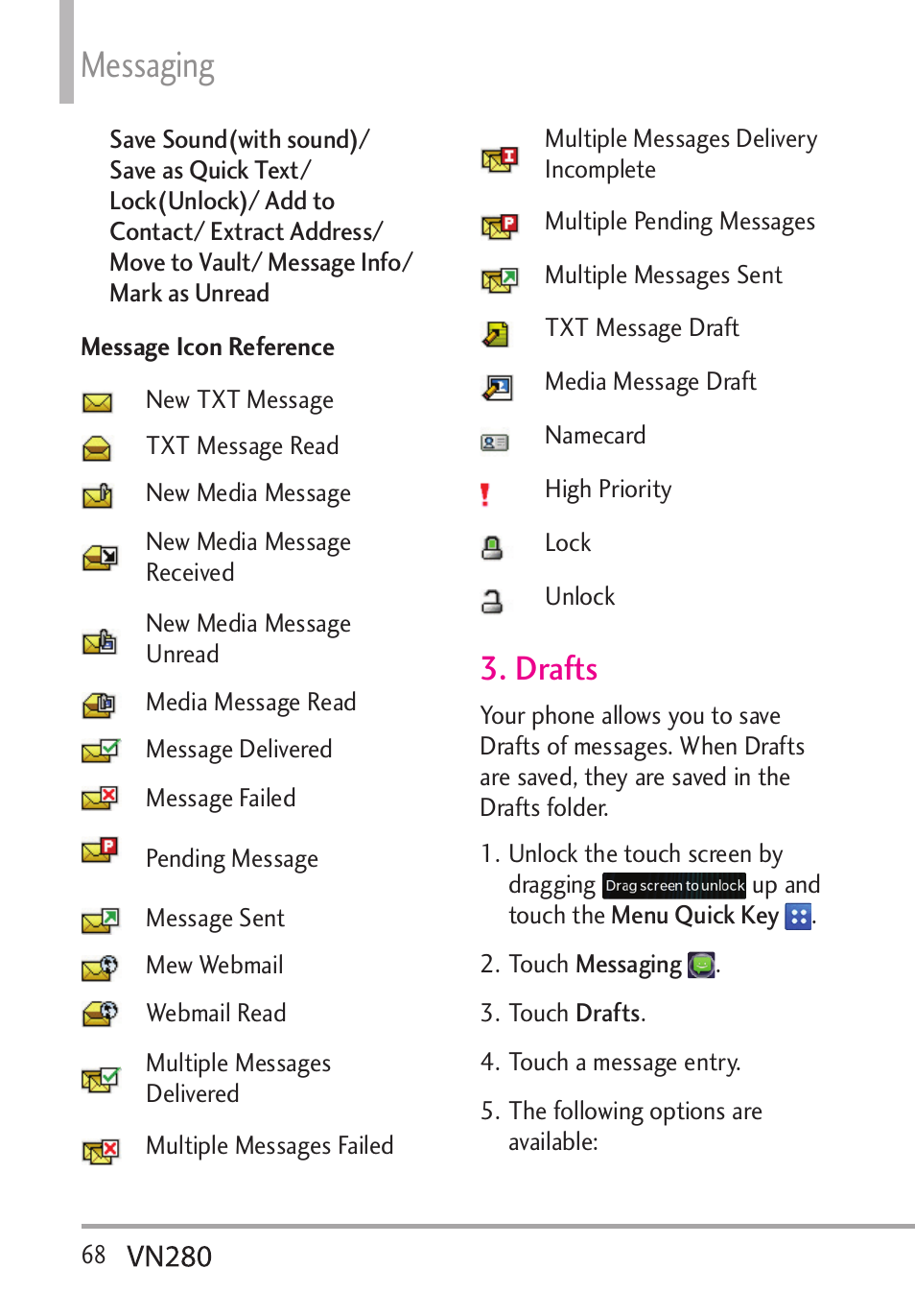Messaging, Drafts | LG VN280 User Manual | Page 70 / 126