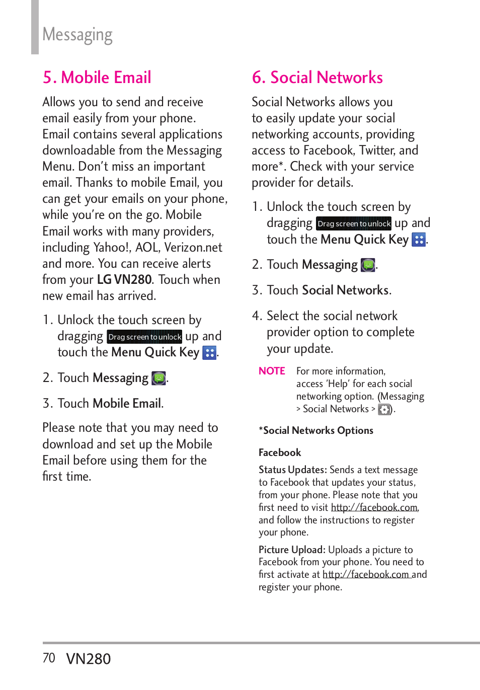 Messaging, Mobile email, Social networks | LG VN280 User Manual | Page 72 / 126