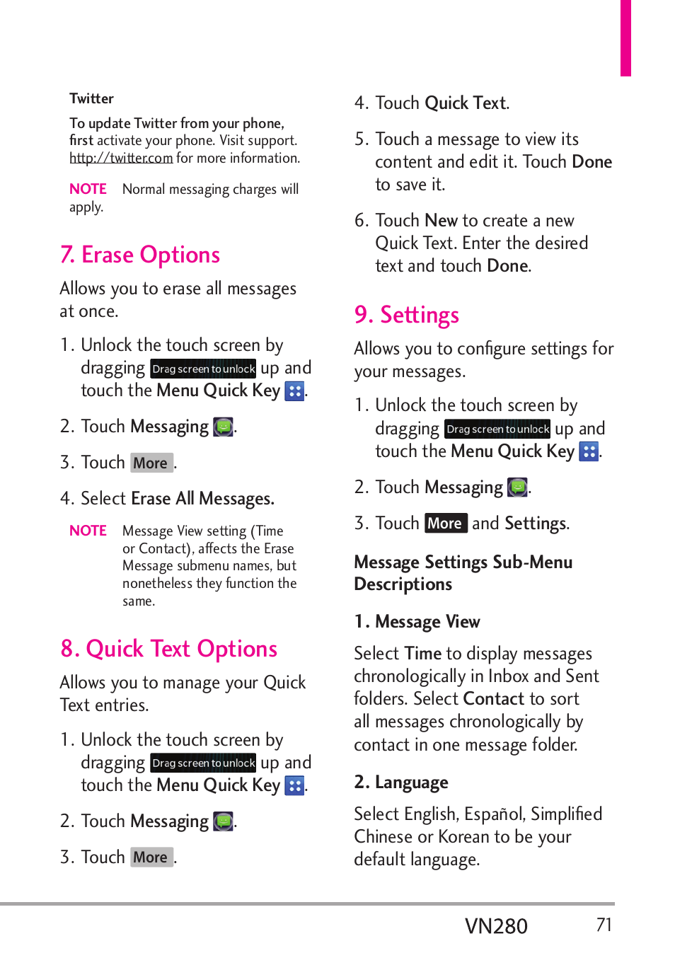 Erase options, Quick text options, Settings | LG VN280 User Manual | Page 73 / 126