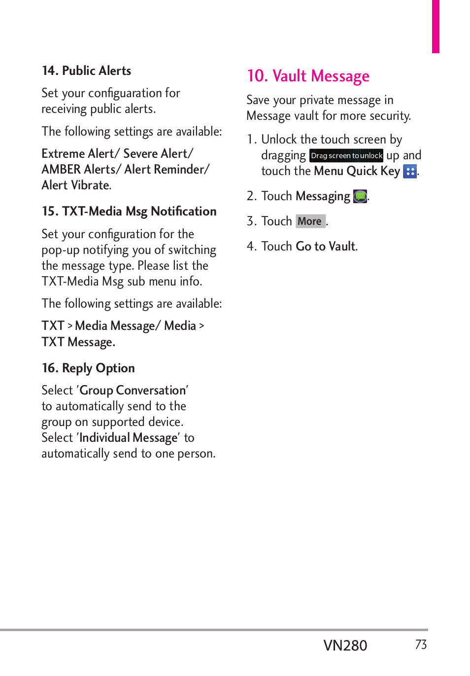 Vault message | LG VN280 User Manual | Page 75 / 126