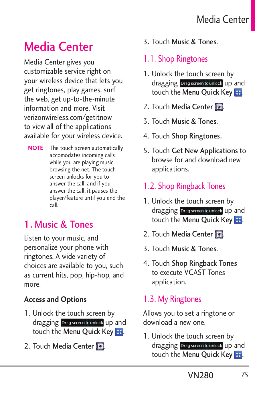 Media center, Gfkc%gpvgt, Music & tones | Shop ringtones, Shop ringback tones, My ringtones | LG VN280 User Manual | Page 77 / 126