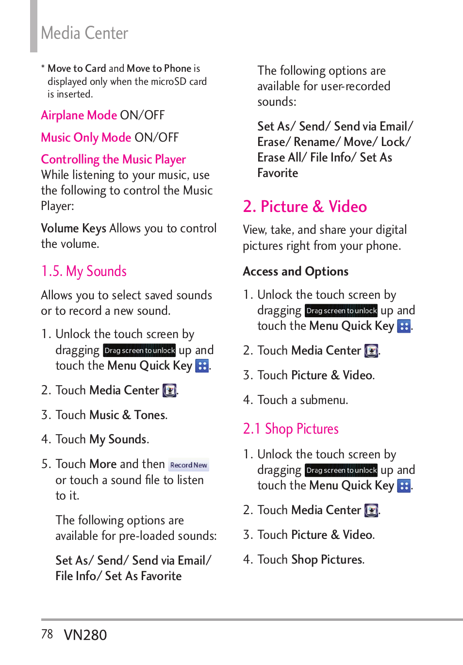 Media center, Picture & video, My sounds | 1 shop pictures | LG VN280 User Manual | Page 80 / 126