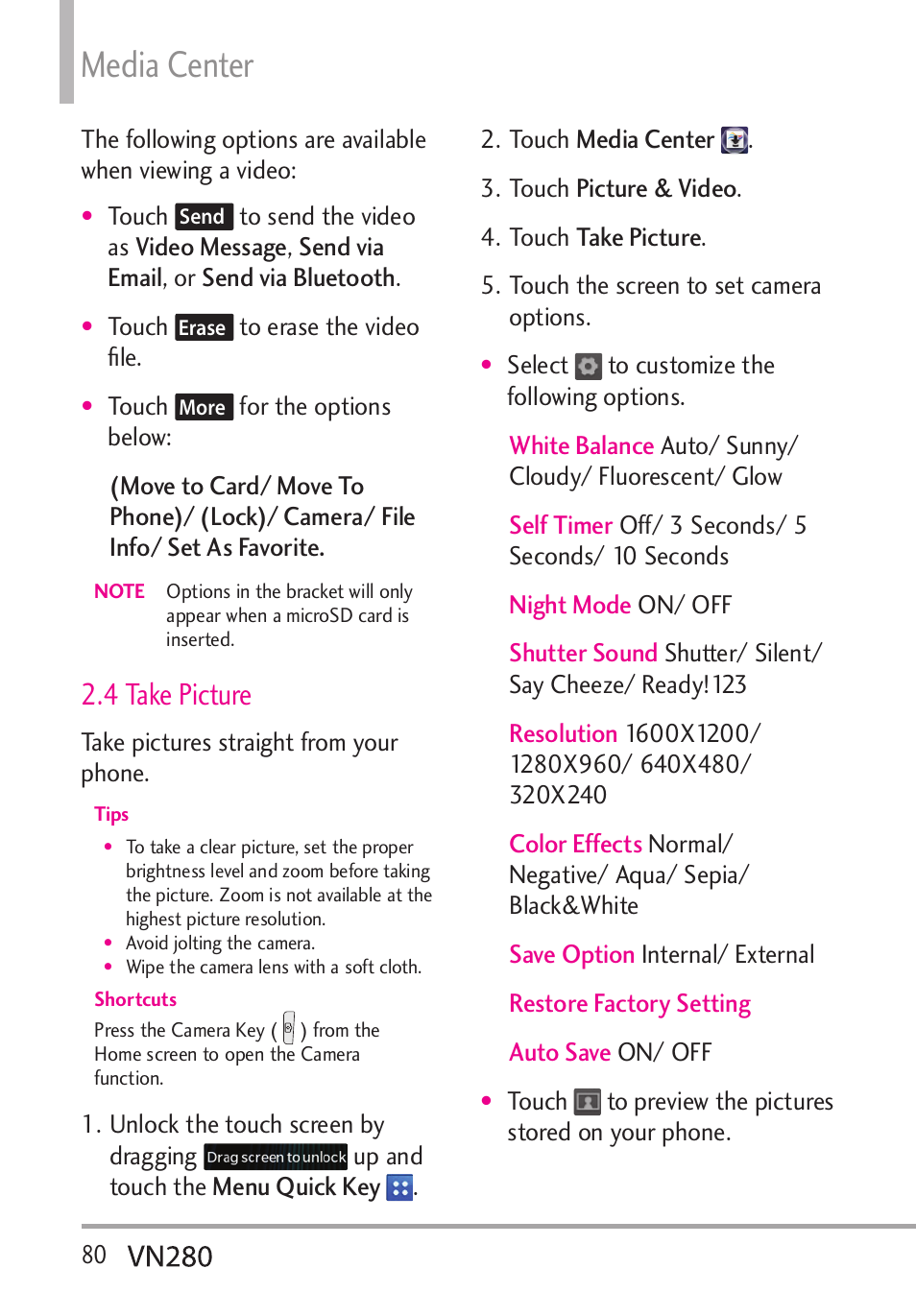 Media center, 4 take picture | LG VN280 User Manual | Page 82 / 126