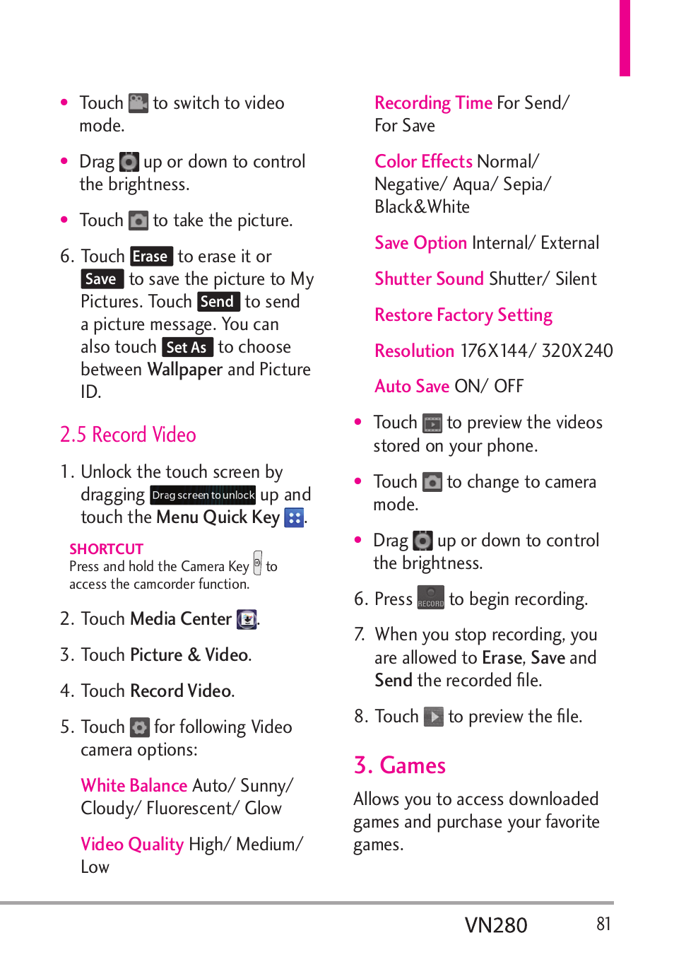 Games, 5 record video | LG VN280 User Manual | Page 83 / 126