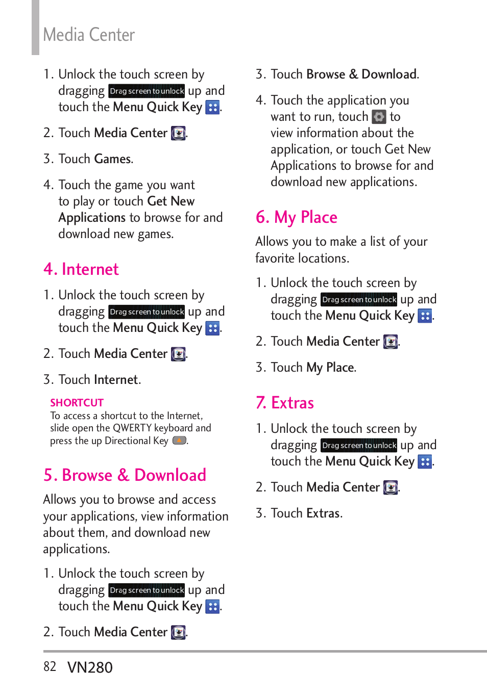 Media center, Internet, Browse & download | My place, Extras | LG VN280 User Manual | Page 84 / 126