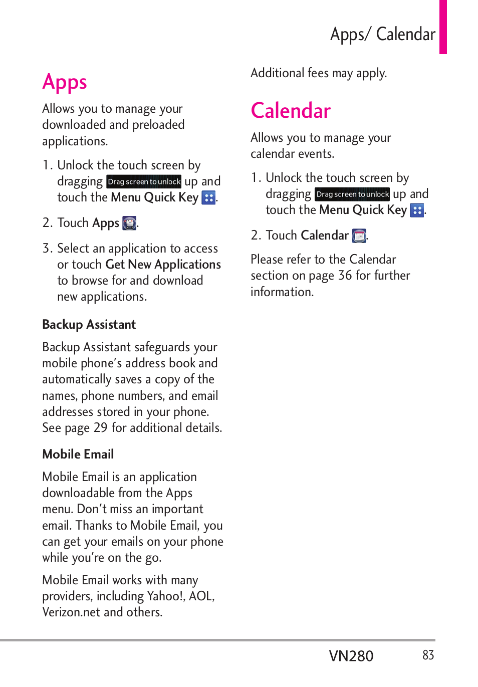 Apps, Calendar, Apps/ %cngpfct | LG VN280 User Manual | Page 85 / 126