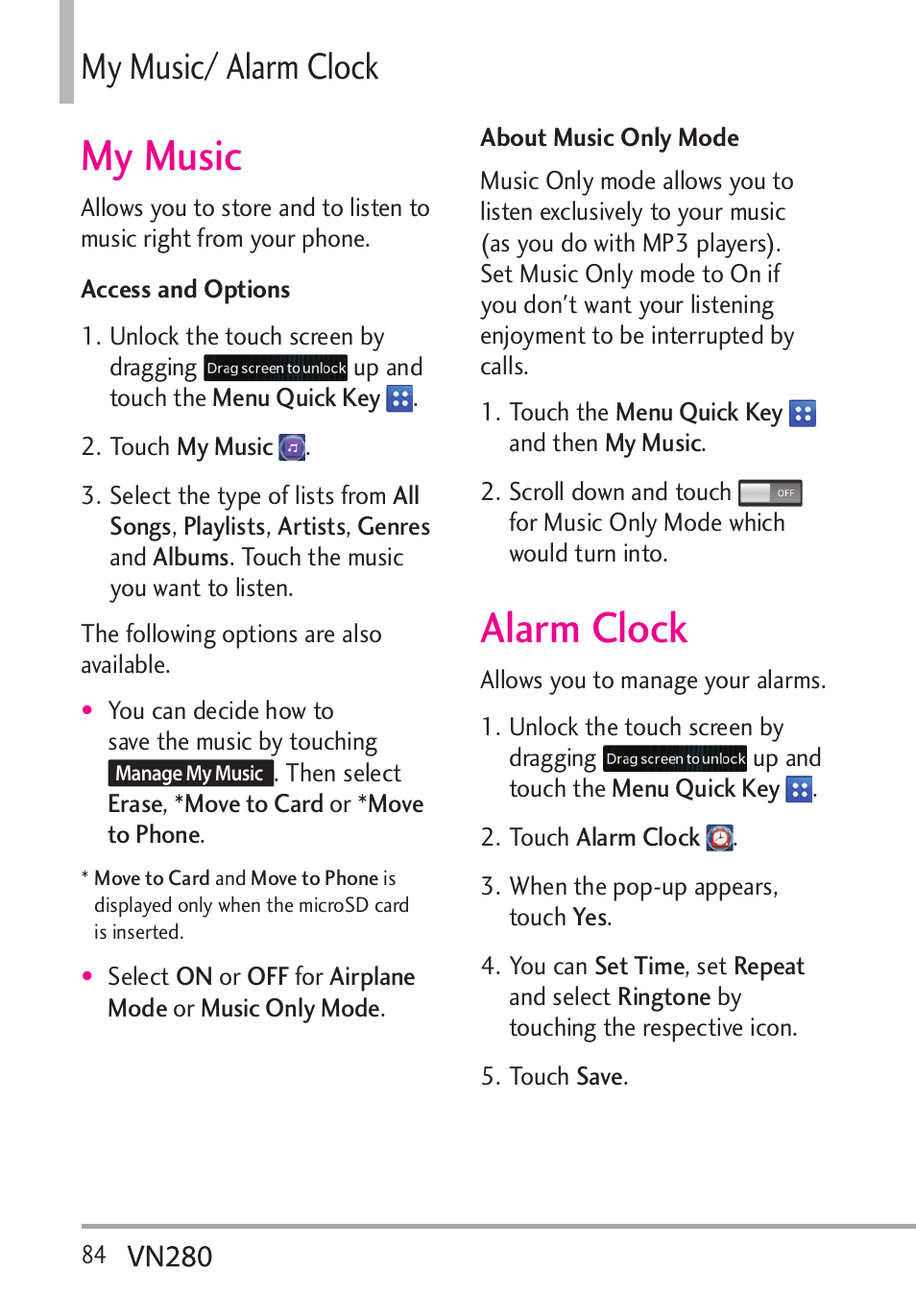 My music, Alarm clock, Wuke#ncto%nqem | LG VN280 User Manual | Page 86 / 126