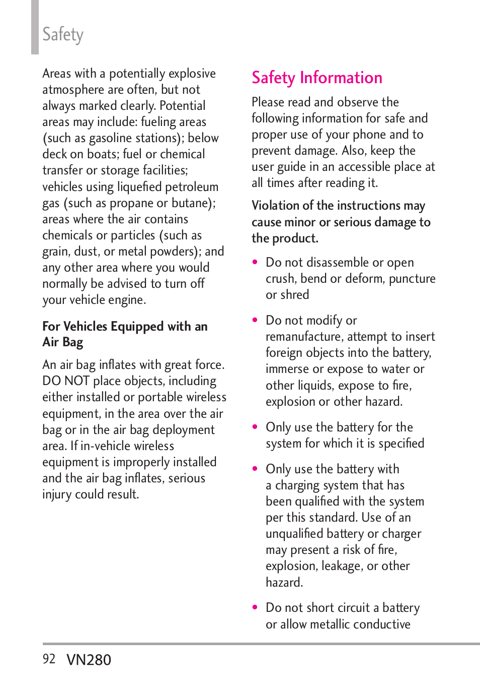 Safety, Safety information | LG VN280 User Manual | Page 94 / 126