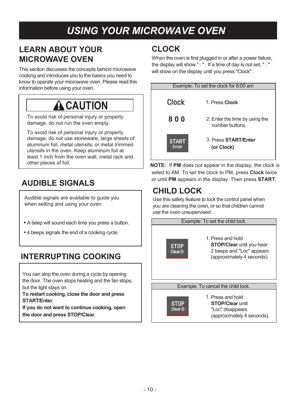 Caution, Using your microwave oven, Learn about your microwave oven | Clock, Child lock, Audible signals, Interrupting cooking | LG LMV1831ST User Manual | Page 10 / 32