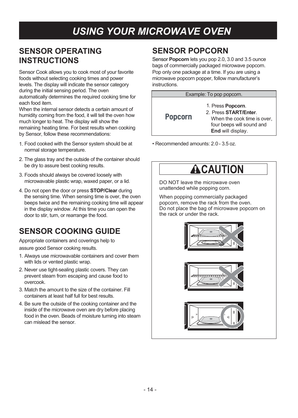 Caution, Using your microwave oven, Sensor popcorn | Sensor operating instructions, Sensor cooking guide | LG LMV1831ST User Manual | Page 14 / 32