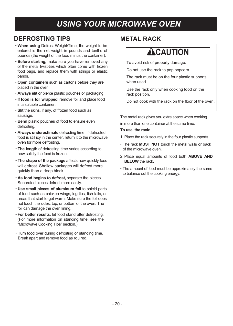 Caution, Using your microwave oven, Defrosting tips | Metal rack | LG LMV1831ST User Manual | Page 20 / 32