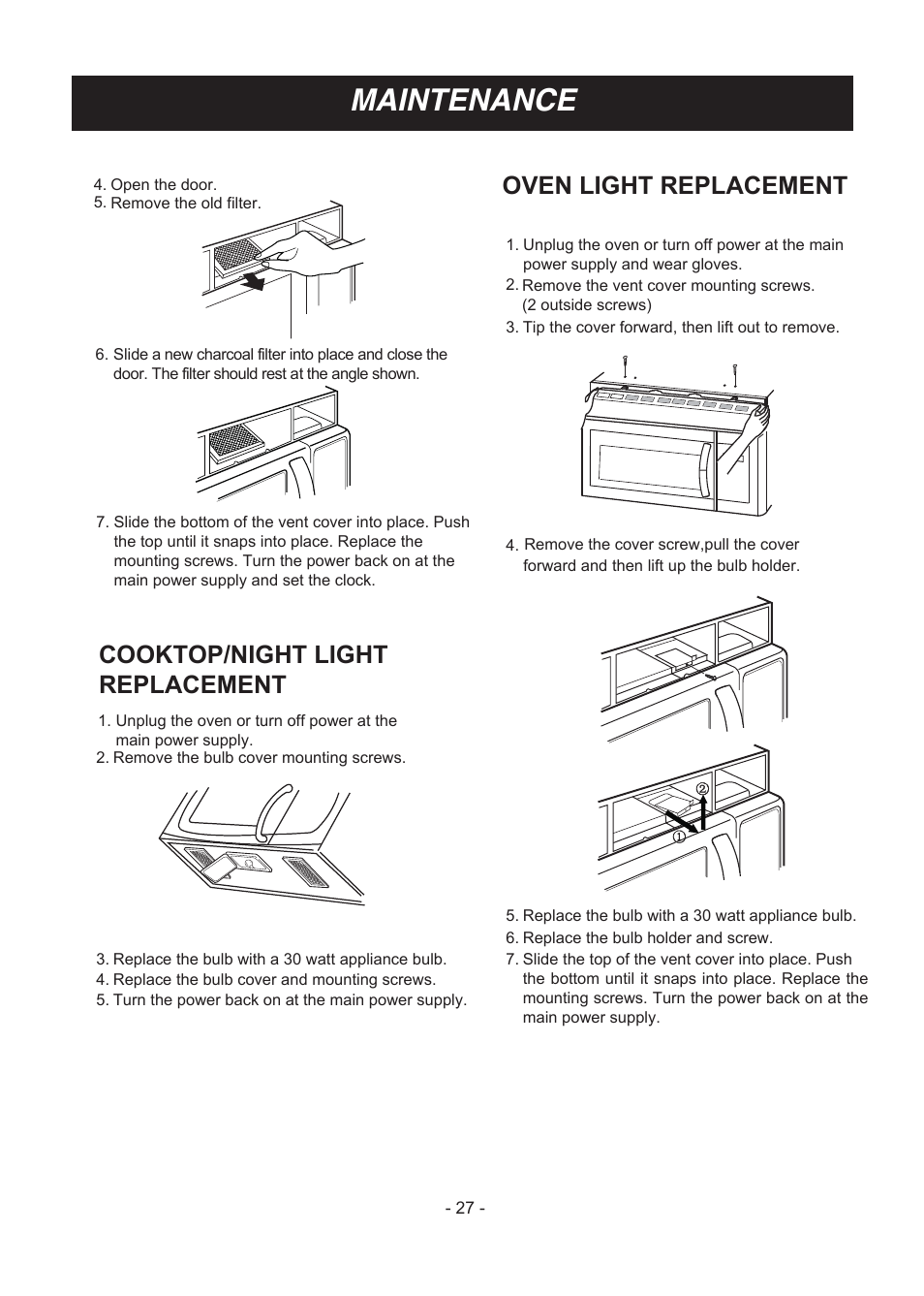 Maintenance, Oven light replacement, Cooktop/night light replacement | LG LMV1831ST User Manual | Page 27 / 32