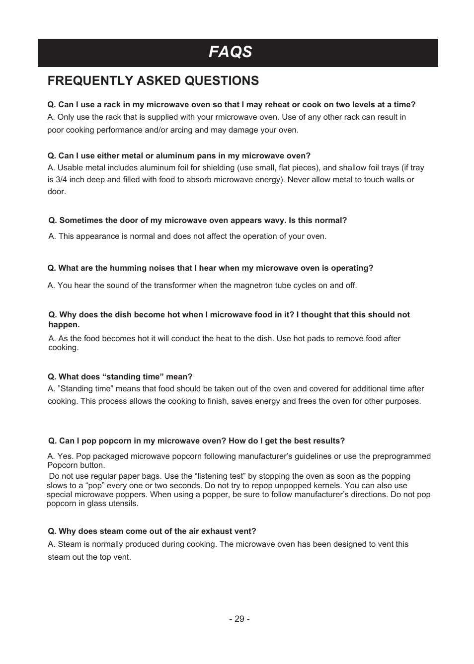 빈 페이지, Faqs, Frequently asked questions | LG LMV1831ST User Manual | Page 29 / 32