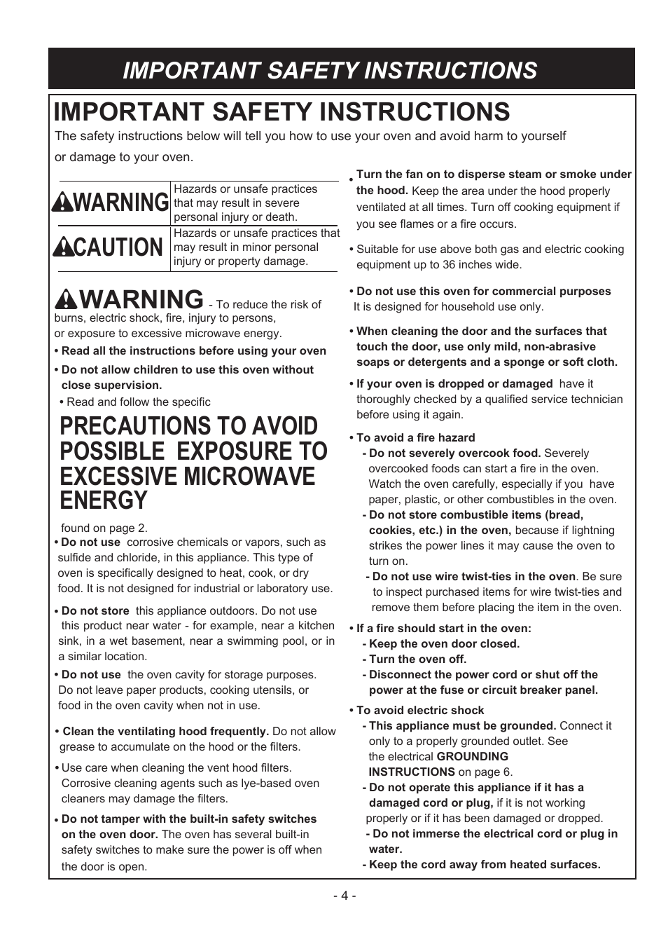 빈 페이지, Warning, Precautions to avoid | Possible exposure to, Excessive microwave energy, Caution, Important safety instructions | LG LMV1831ST User Manual | Page 4 / 32