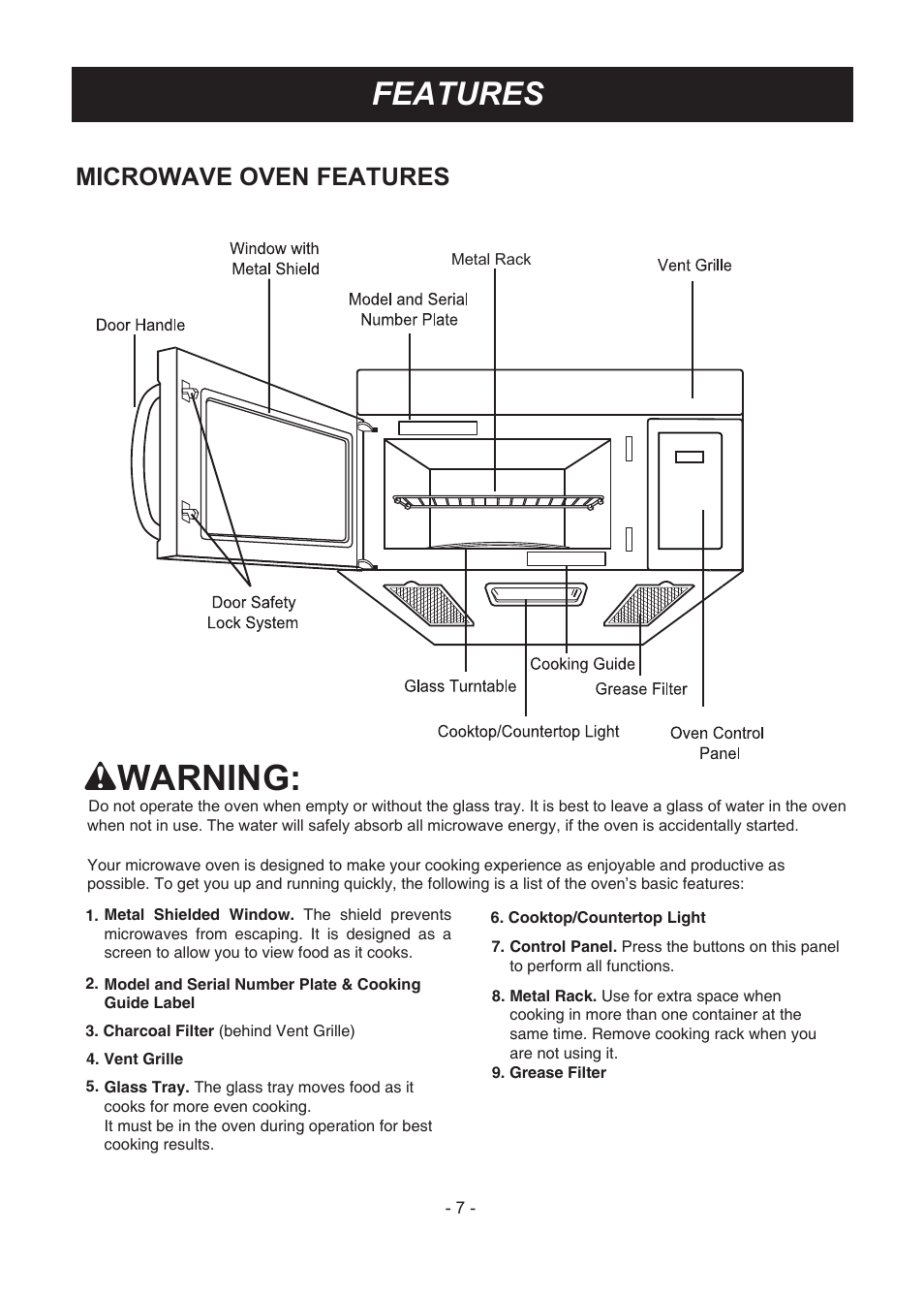 Wwarning, Features, Microwave oven features | LG LMV1831ST User Manual | Page 7 / 32