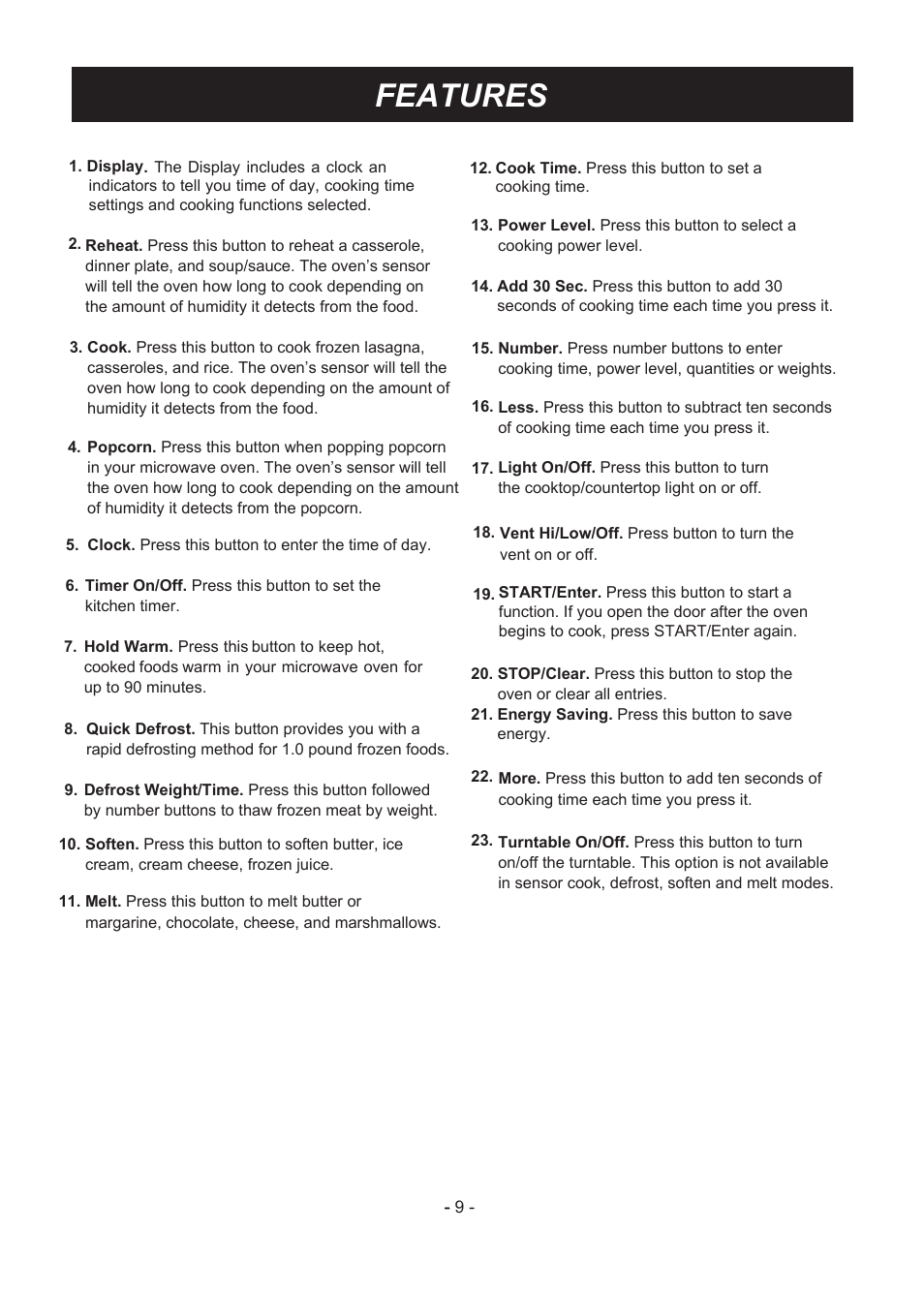 Features | LG LMV1831ST User Manual | Page 9 / 32