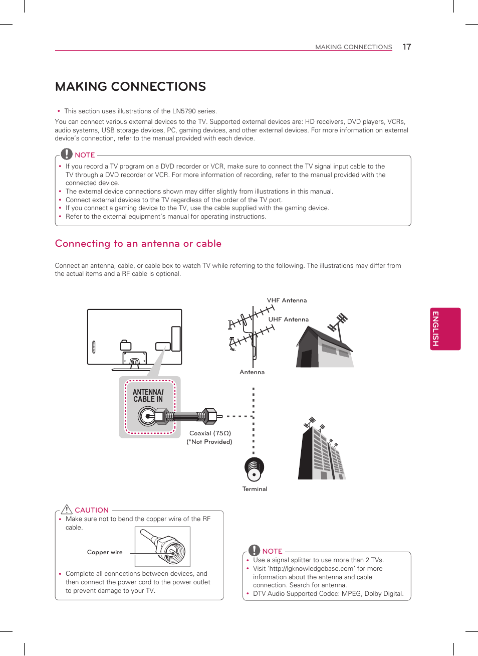 Making connections, Connecting to an antenna or cable | LG 55LN5710 User Manual | Page 17 / 52