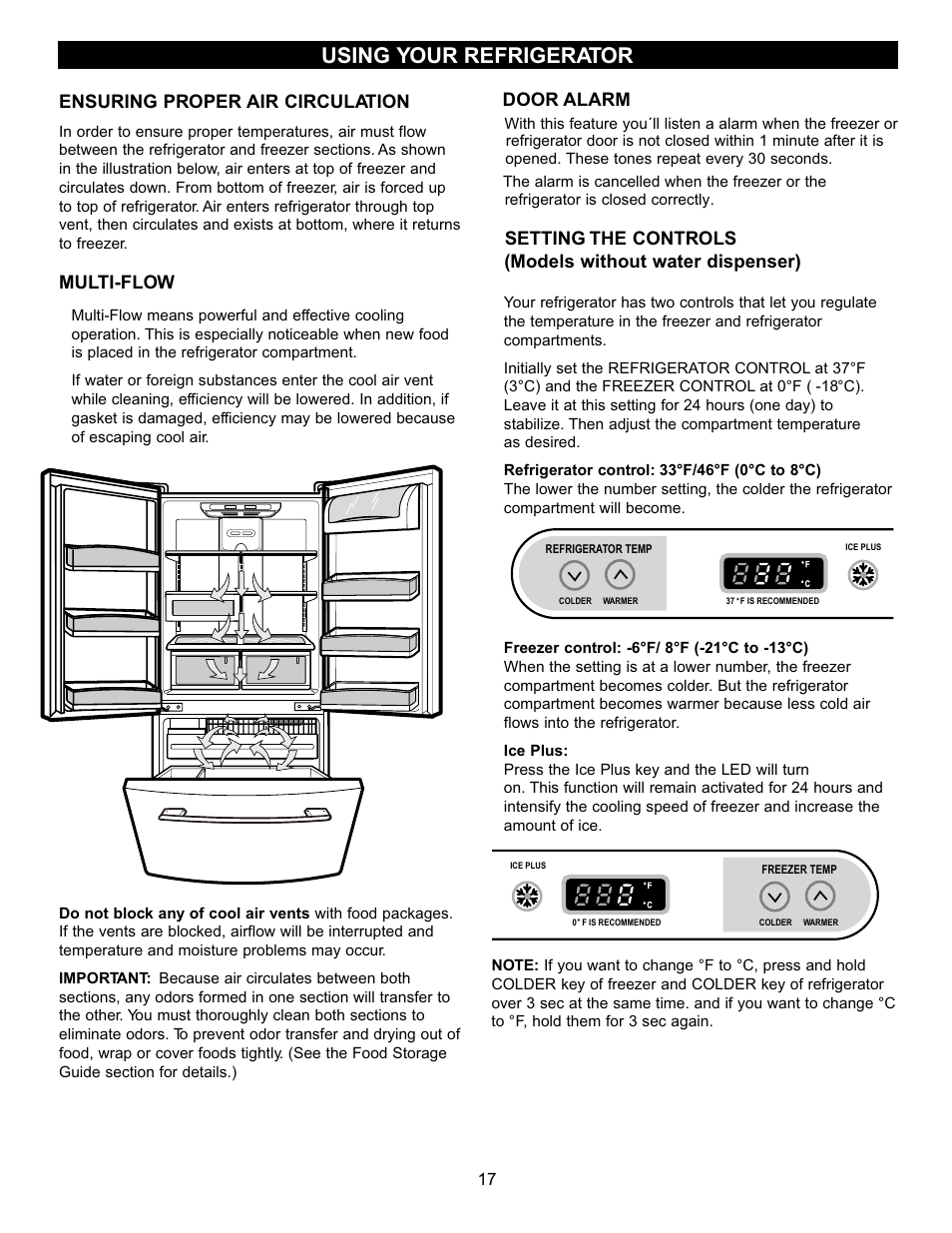 Using your refrigerator, Ensuring proper air circulation, Multi-flow | Setting the controls, Models without water dispenser), Door alarm | LG LFD22860SB User Manual | Page 16 / 35