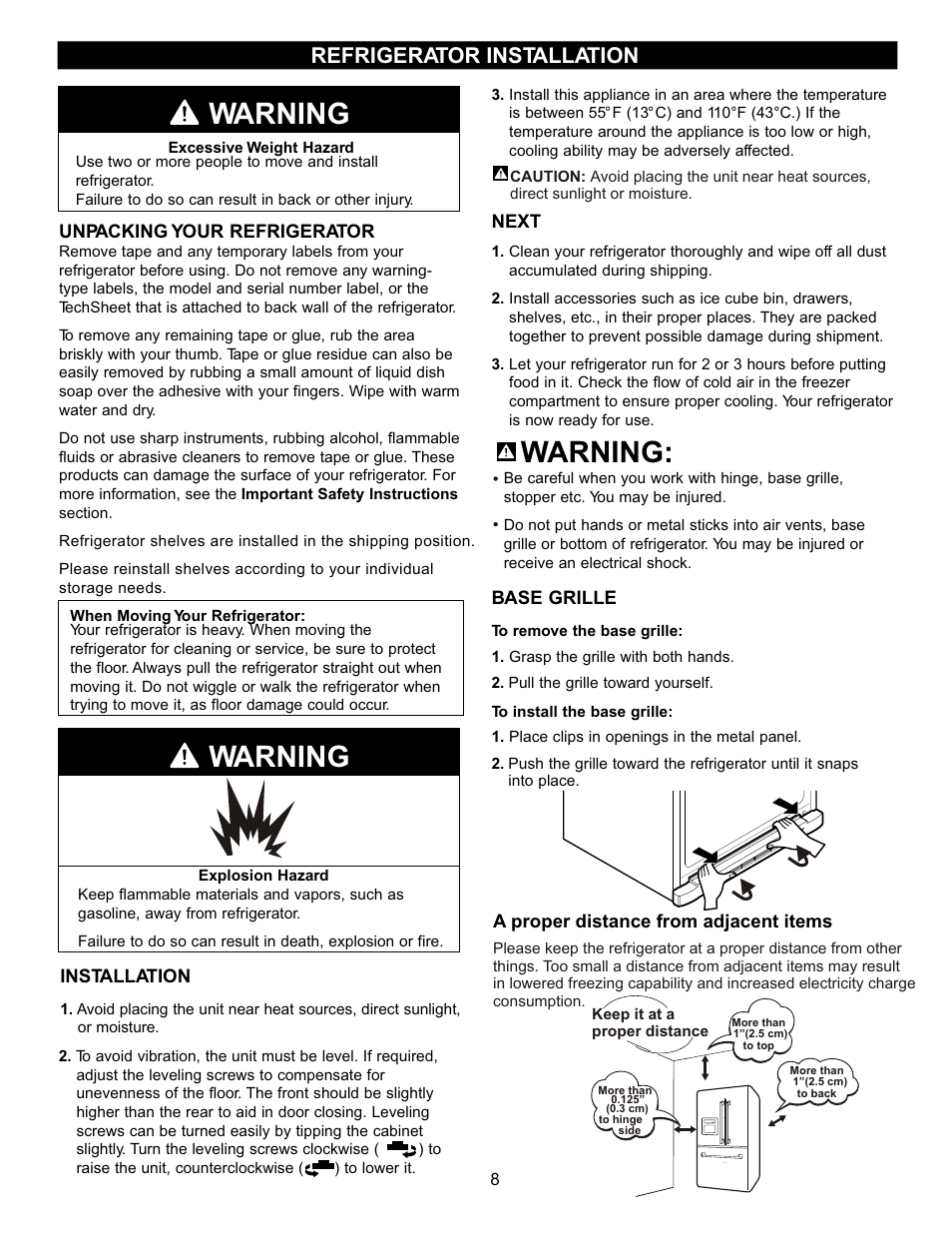 Warning, Refrigerator installation | LG LFD22860SB User Manual | Page 7 / 35