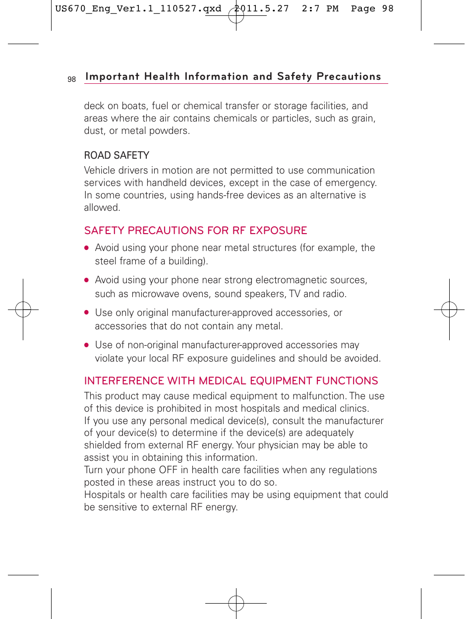 Safety precautions for rf exposure, Interference with medical equipment functions | LG US670 User Manual | Page 100 / 309