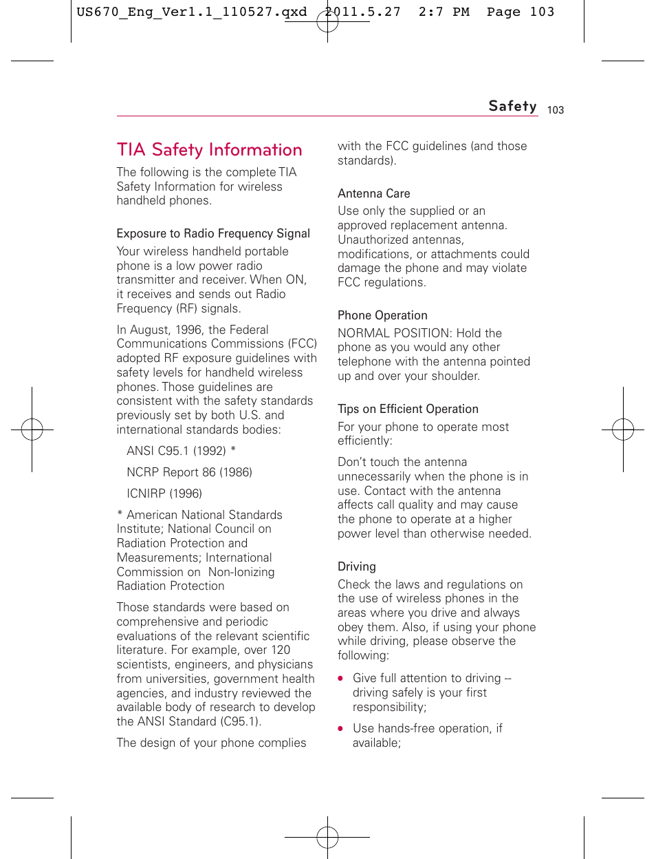 Tia safety information, Safety | LG US670 User Manual | Page 105 / 309