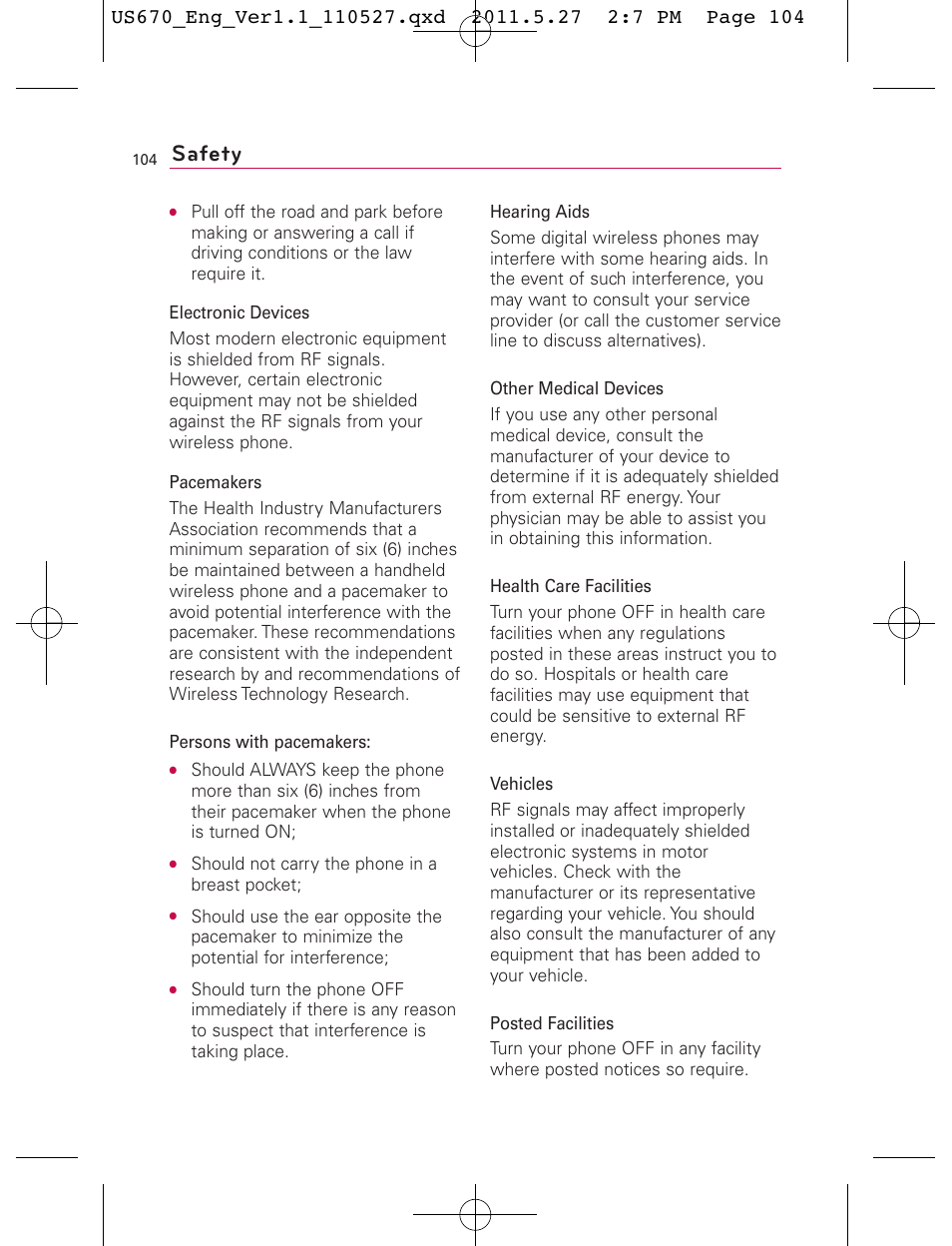 Safety | LG US670 User Manual | Page 106 / 309