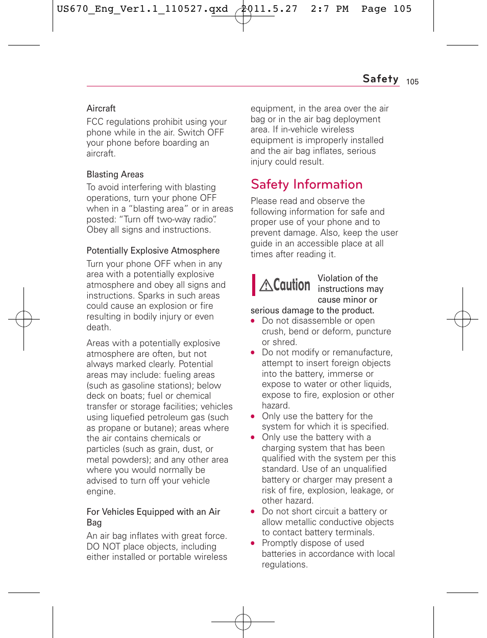 Caution, Safety information, Safety | LG US670 User Manual | Page 107 / 309