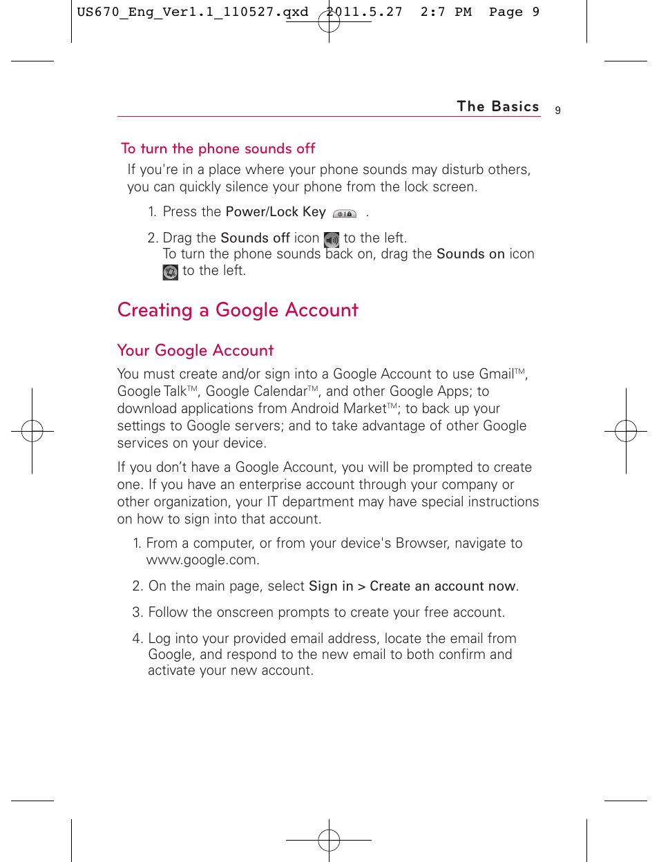 Creating a google account, Your google account, The basics | LG US670 User Manual | Page 11 / 309
