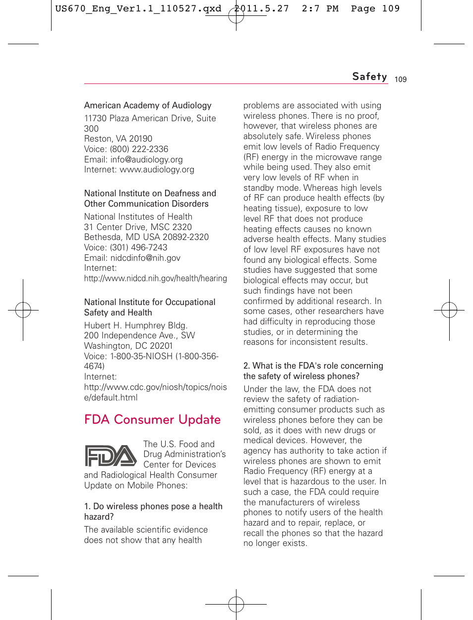 Fda consumer update, Safety | LG US670 User Manual | Page 111 / 309