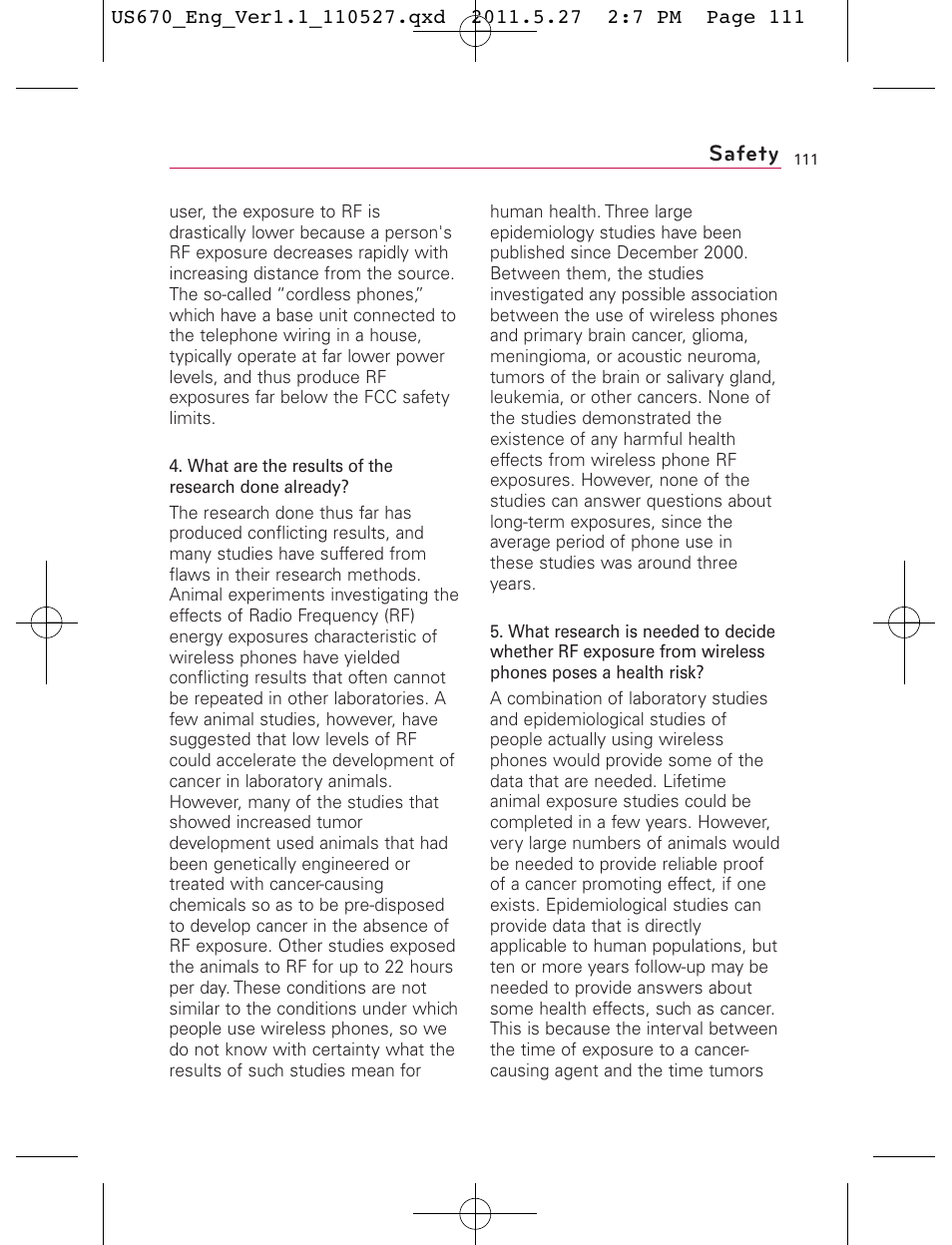 Safety | LG US670 User Manual | Page 113 / 309