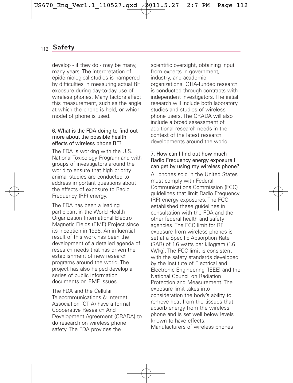 Safety | LG US670 User Manual | Page 114 / 309