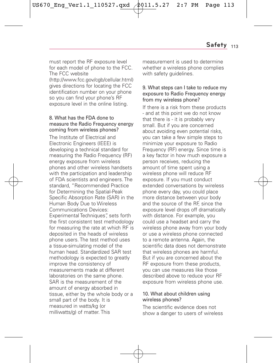 Safety | LG US670 User Manual | Page 115 / 309