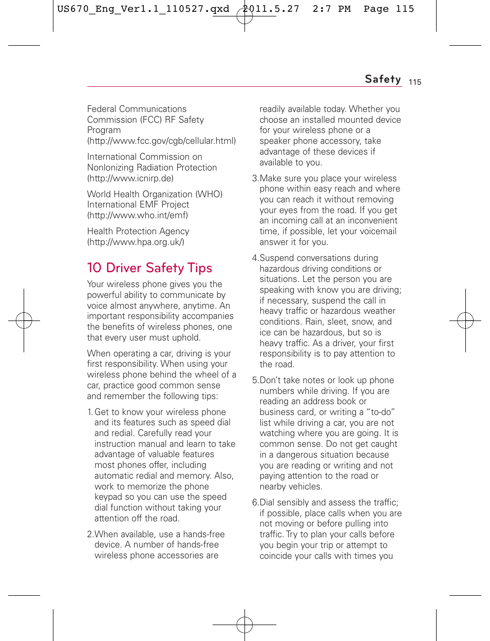 10 driver safety tips, Safety | LG US670 User Manual | Page 117 / 309