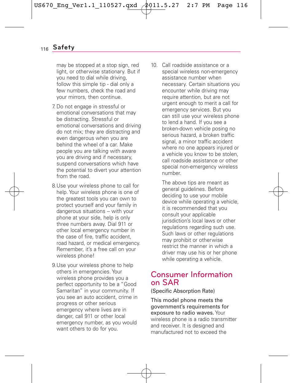 Consumer information on sar, Safety | LG US670 User Manual | Page 118 / 309