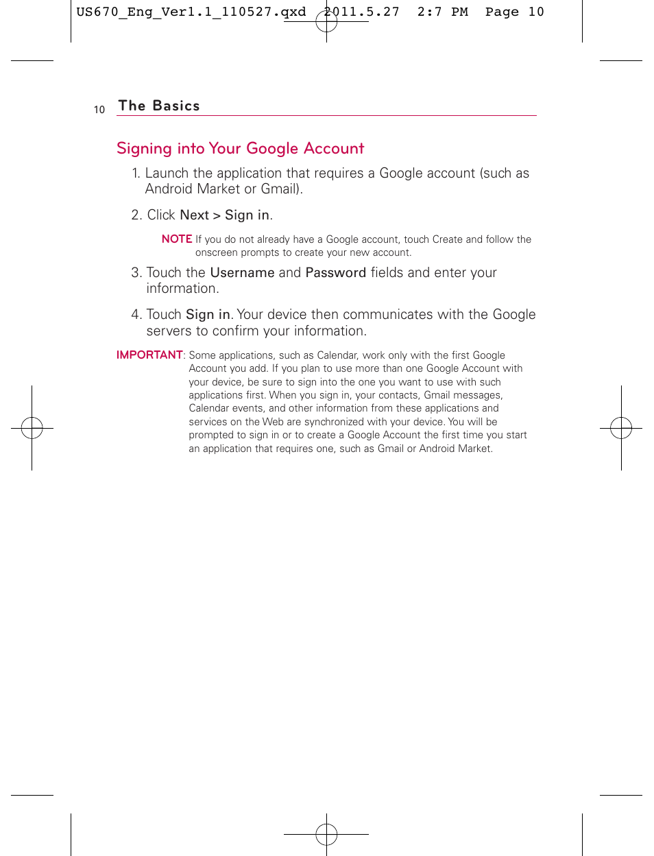 Signing into your google account, The basics | LG US670 User Manual | Page 12 / 309