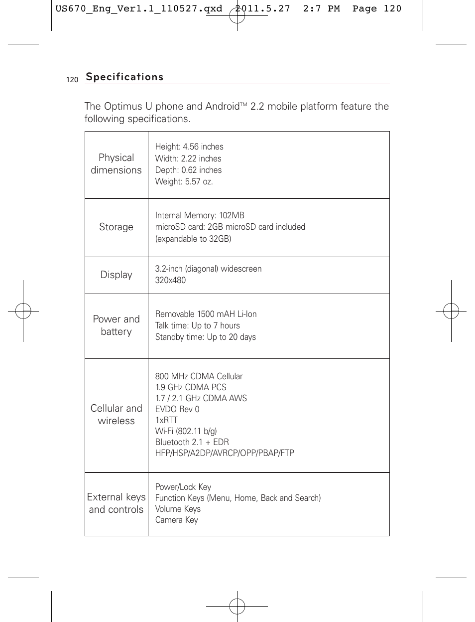 Specifications | LG US670 User Manual | Page 122 / 309