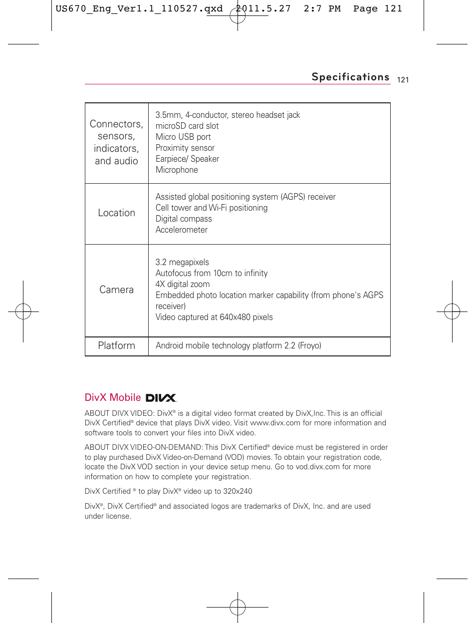 Specifications, Divx mobile, Connectors, sensors, indicators, and audio | Location, Camera, Platform | LG US670 User Manual | Page 123 / 309