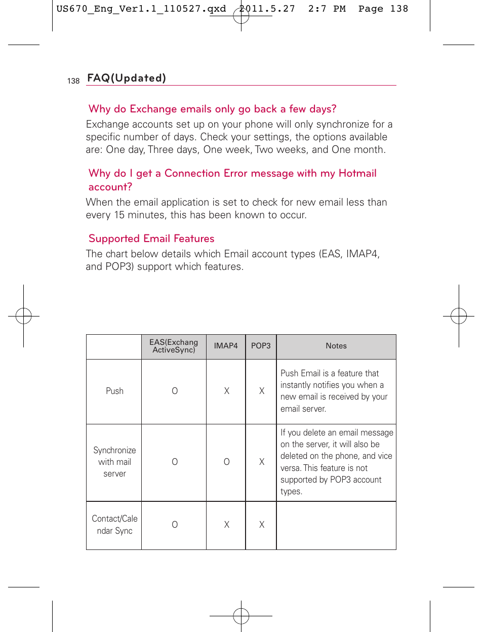 Why do exchange emails only go back a few days, Supported email features, Faq(updated) | LG US670 User Manual | Page 140 / 309